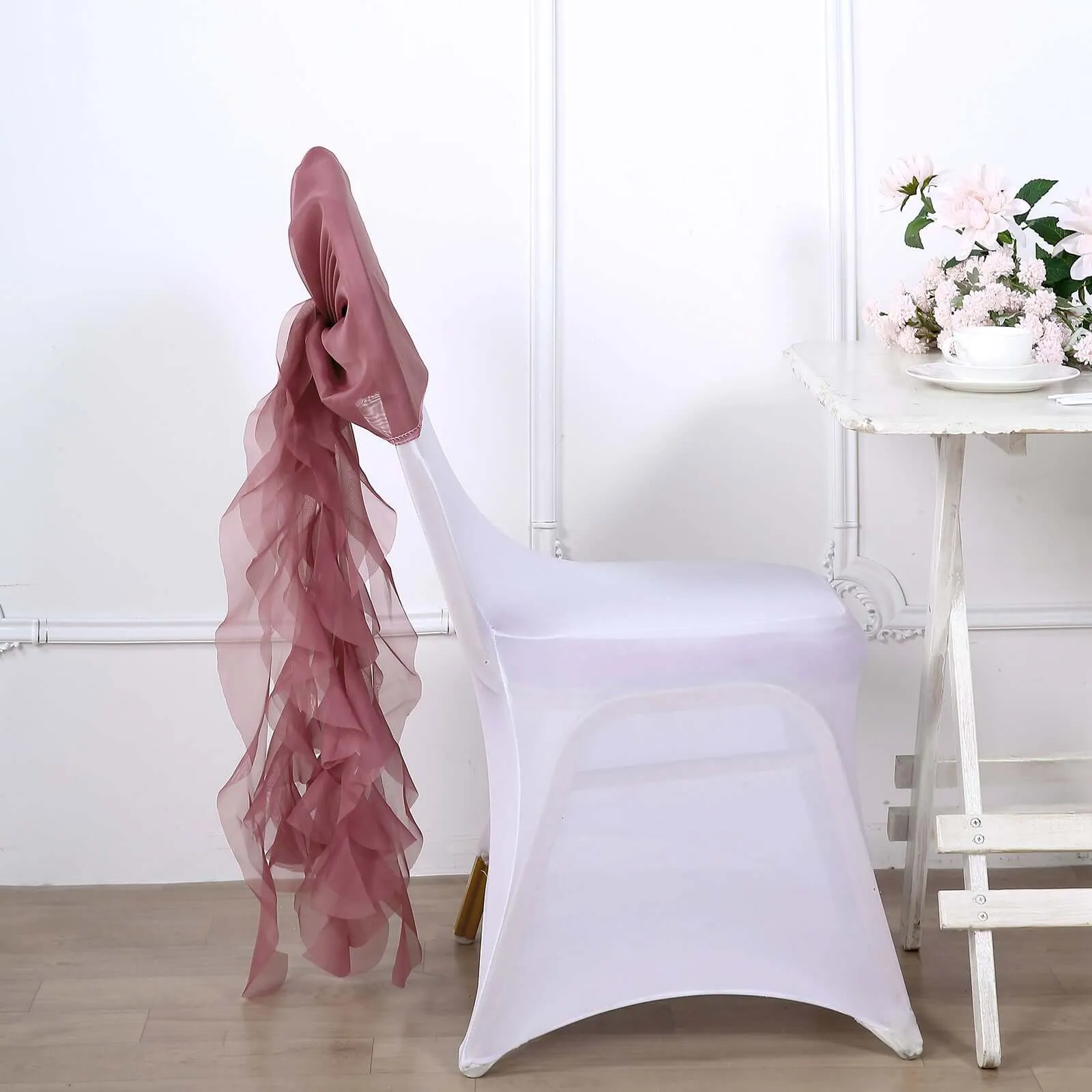 1 Set Mauve Cinnamon Rose Chiffon Hoods With Ruffles Willow Chair Sashes
