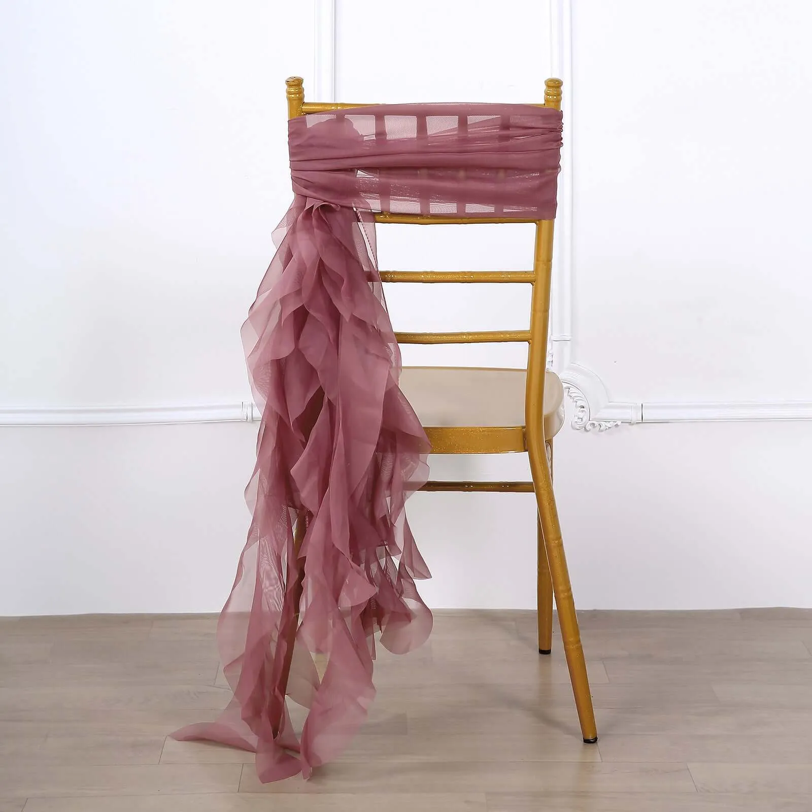 1 Set Mauve Cinnamon Rose Chiffon Hoods With Ruffles Willow Chair Sashes