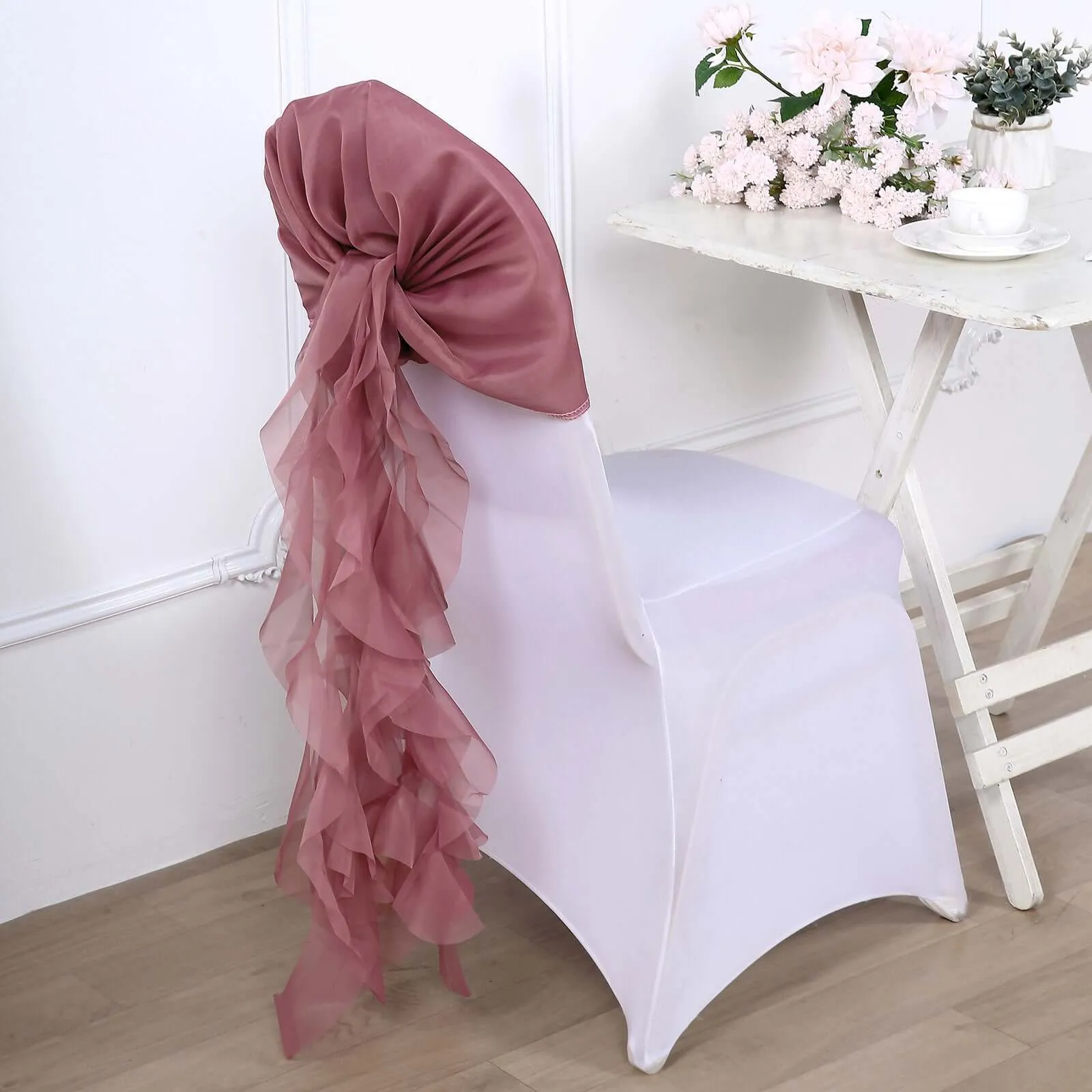 1 Set Mauve Cinnamon Rose Chiffon Hoods With Ruffles Willow Chair Sashes