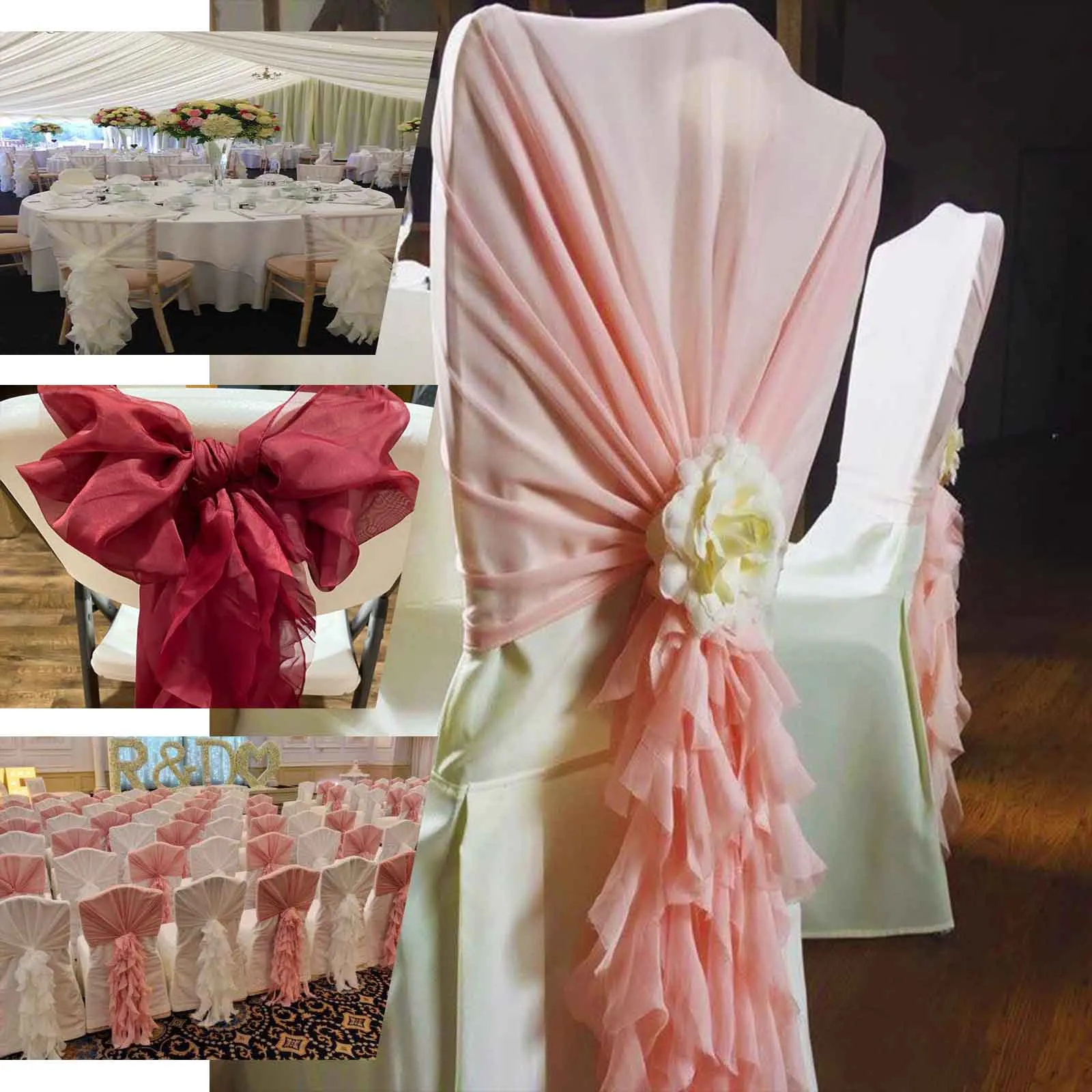 1 Set Mauve Cinnamon Rose Chiffon Hoods With Ruffles Willow Chair Sashes
