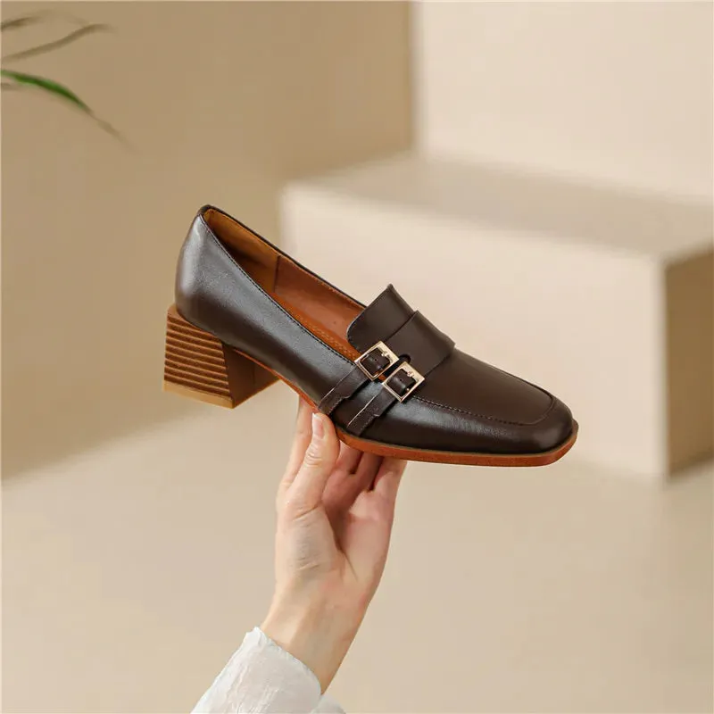 2024 New Genuine Leather Women Shoes Fashion Square Toe Slip-On Shallow Pumps  Thick Heel Spring Shoes Women Zapatos De Mujer