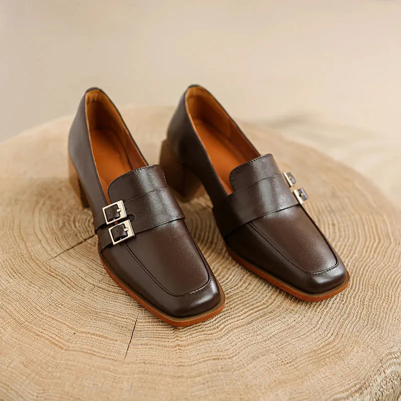 2024 New Genuine Leather Women Shoes Fashion Square Toe Slip-On Shallow Pumps  Thick Heel Spring Shoes Women Zapatos De Mujer