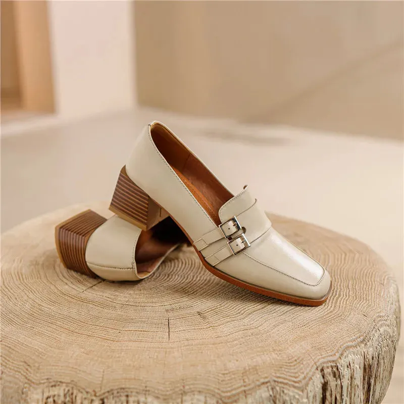 2024 New Genuine Leather Women Shoes Fashion Square Toe Slip-On Shallow Pumps  Thick Heel Spring Shoes Women Zapatos De Mujer