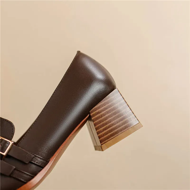 2024 New Genuine Leather Women Shoes Fashion Square Toe Slip-On Shallow Pumps  Thick Heel Spring Shoes Women Zapatos De Mujer