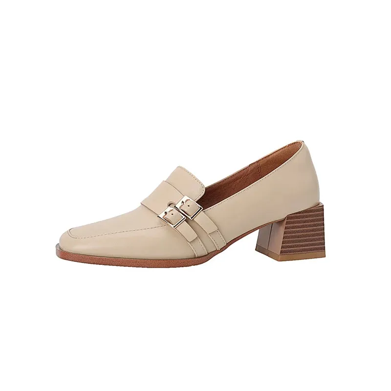 2024 New Genuine Leather Women Shoes Fashion Square Toe Slip-On Shallow Pumps  Thick Heel Spring Shoes Women Zapatos De Mujer