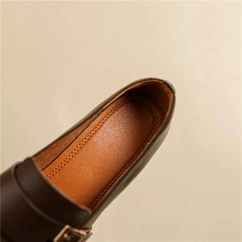 2024 New Genuine Leather Women Shoes Fashion Square Toe Slip-On Shallow Pumps  Thick Heel Spring Shoes Women Zapatos De Mujer