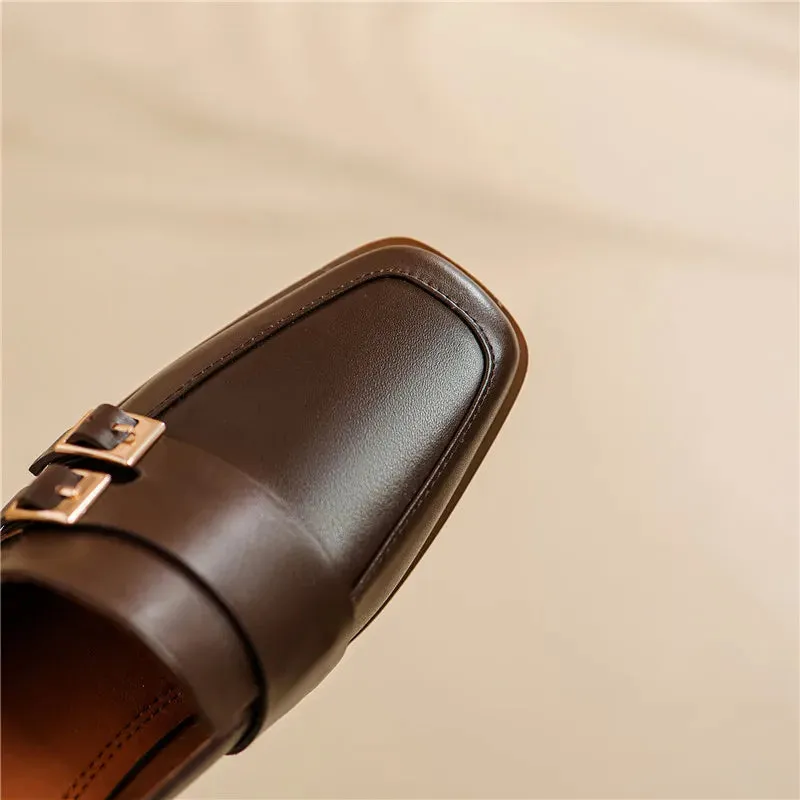 2024 New Genuine Leather Women Shoes Fashion Square Toe Slip-On Shallow Pumps  Thick Heel Spring Shoes Women Zapatos De Mujer