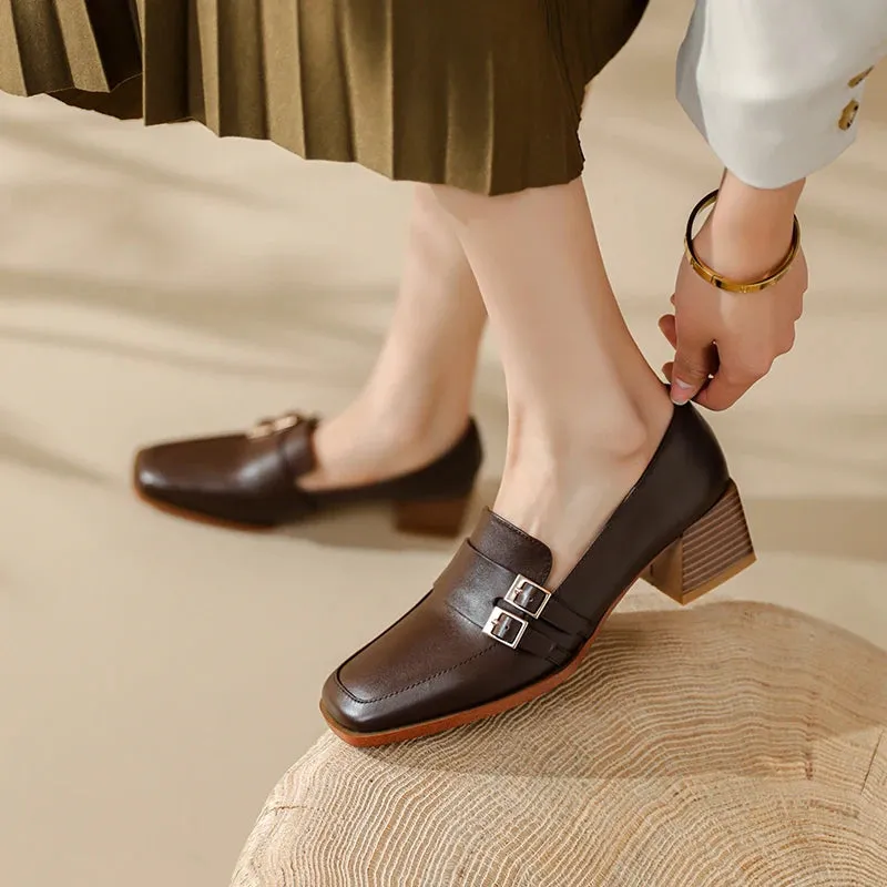 2024 New Genuine Leather Women Shoes Fashion Square Toe Slip-On Shallow Pumps  Thick Heel Spring Shoes Women Zapatos De Mujer