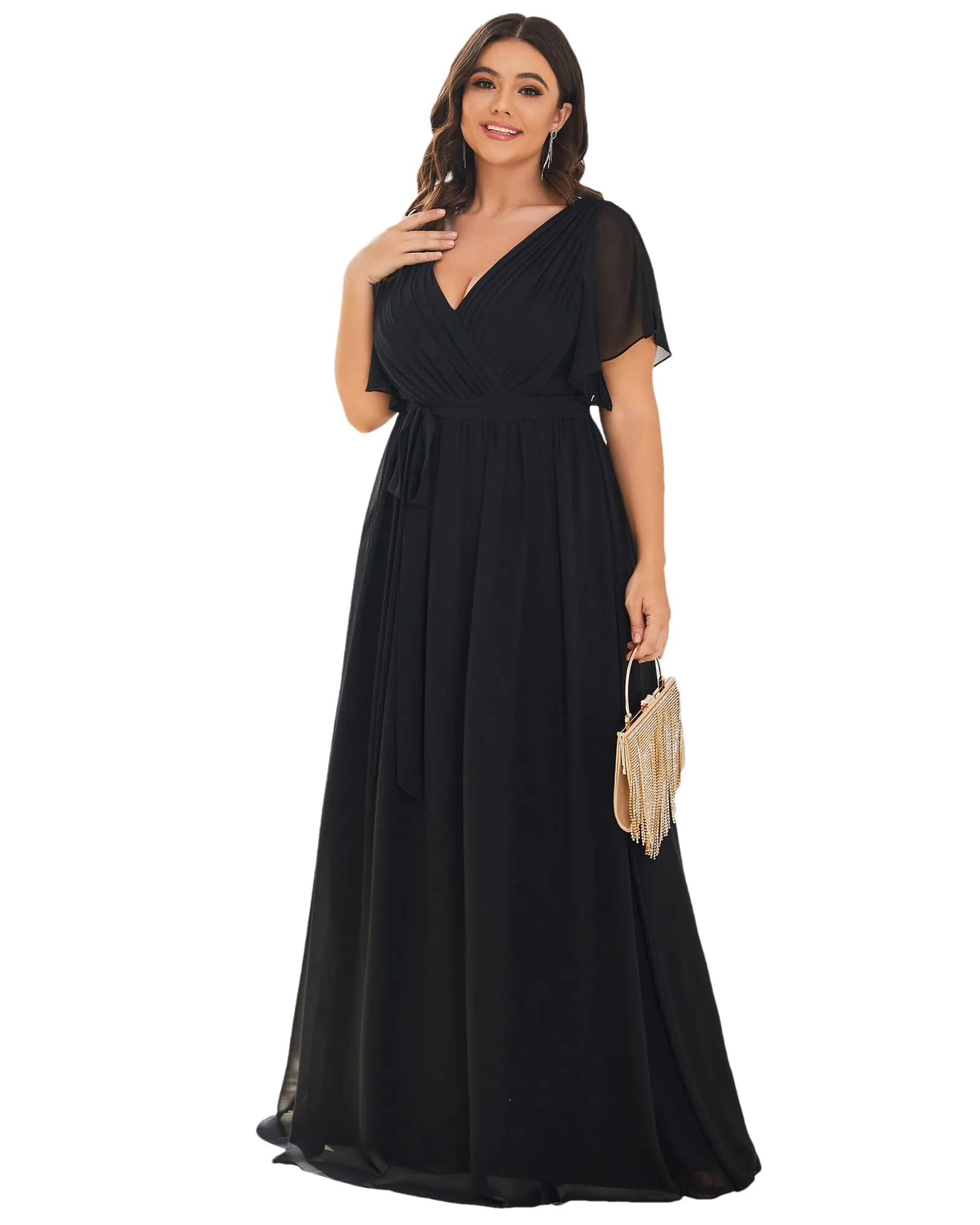 A-Line Pleated Chiffon Tie-Waist Evening Dress | Black