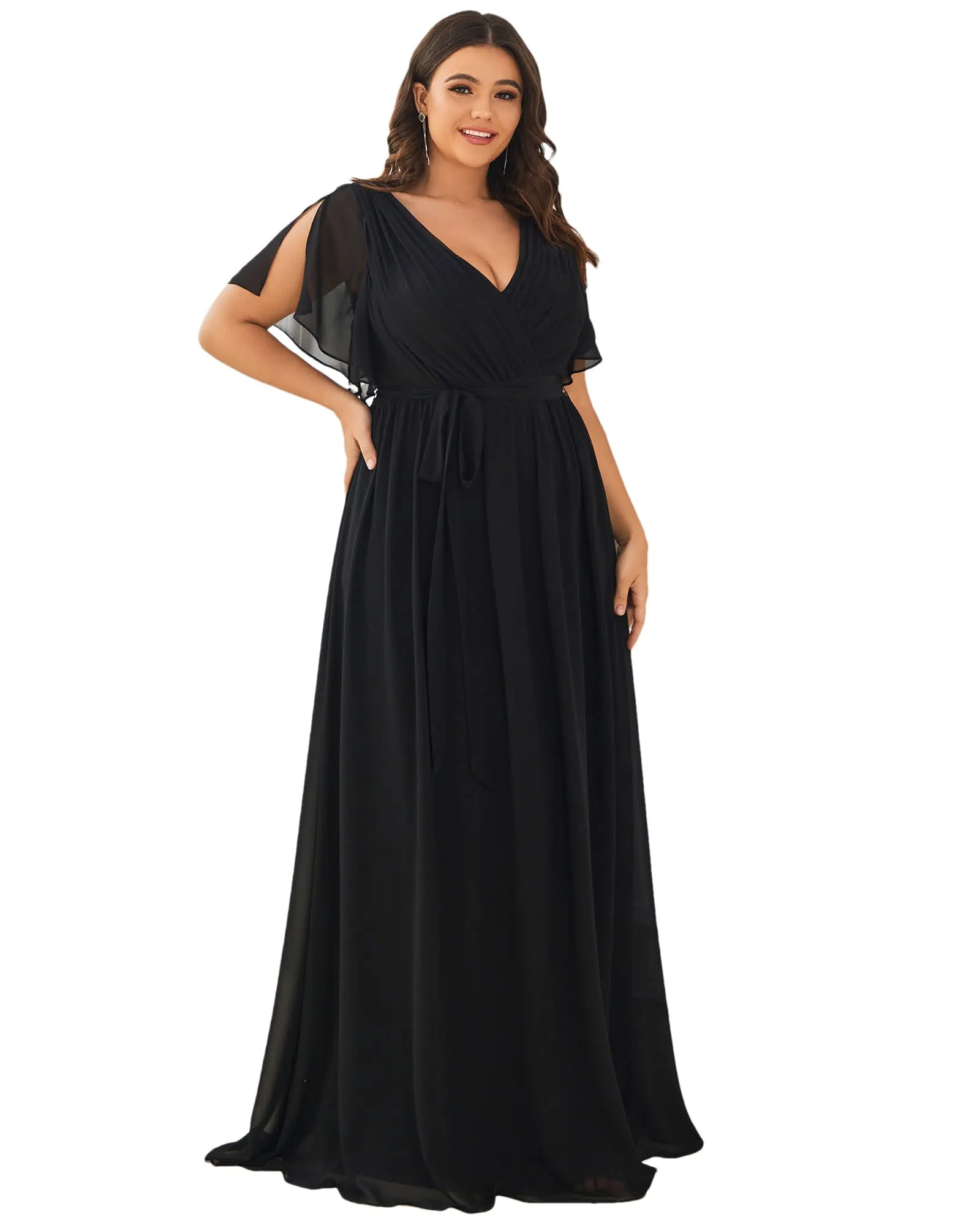 A-Line Pleated Chiffon Tie-Waist Evening Dress | Black