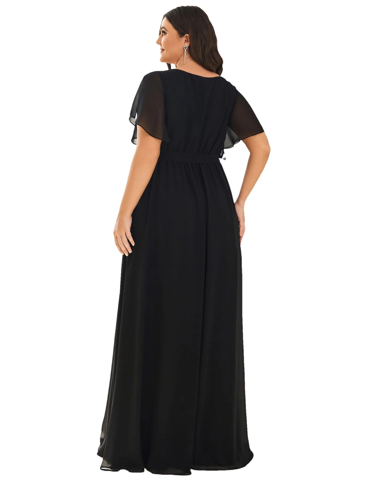 A-Line Pleated Chiffon Tie-Waist Evening Dress | Black