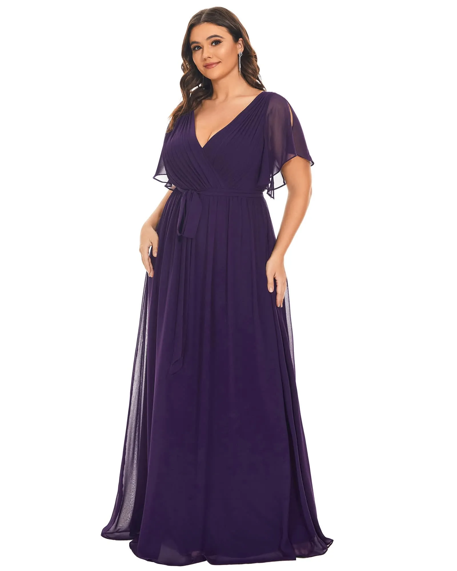 A-Line Pleated Chiffon Tie-Waist Evening Dress | Dark Purple