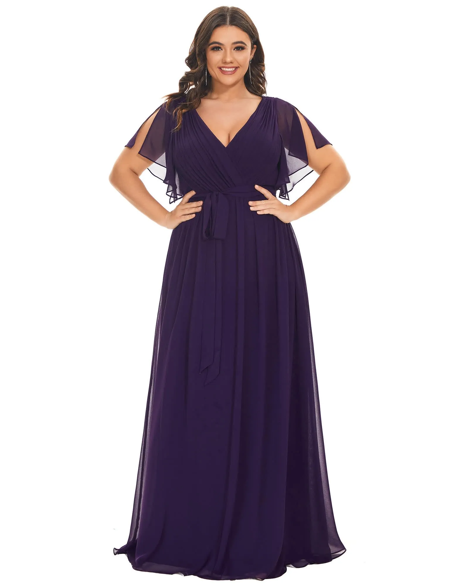 A-Line Pleated Chiffon Tie-Waist Evening Dress | Dark Purple