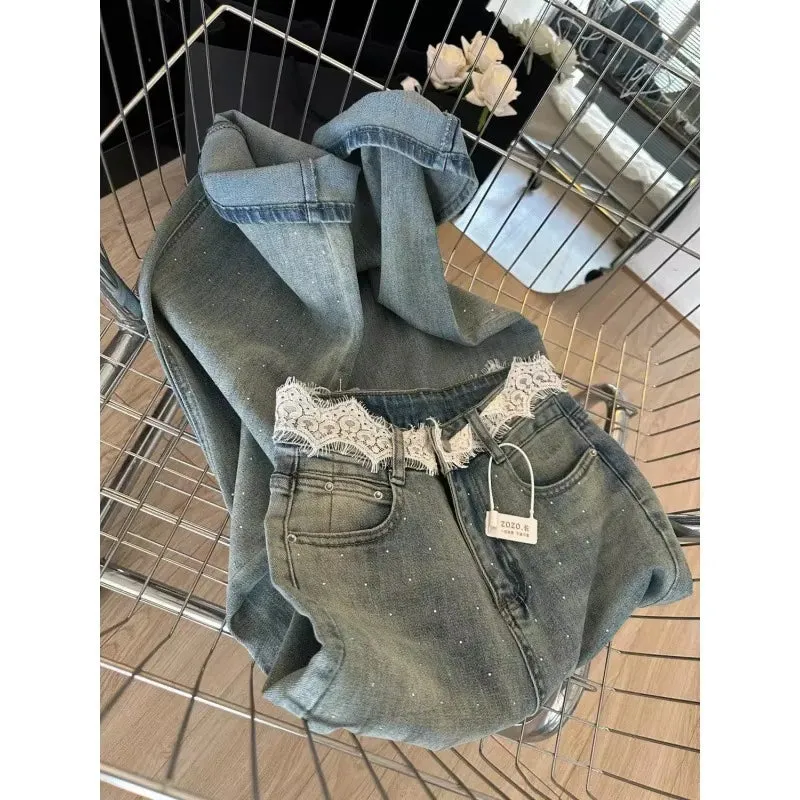 American Style Vintage Lace Spliced Jeans Summer Design Sensibility Rhinestone Straight-Leg Loose-Fit Bell Bottoms Women
