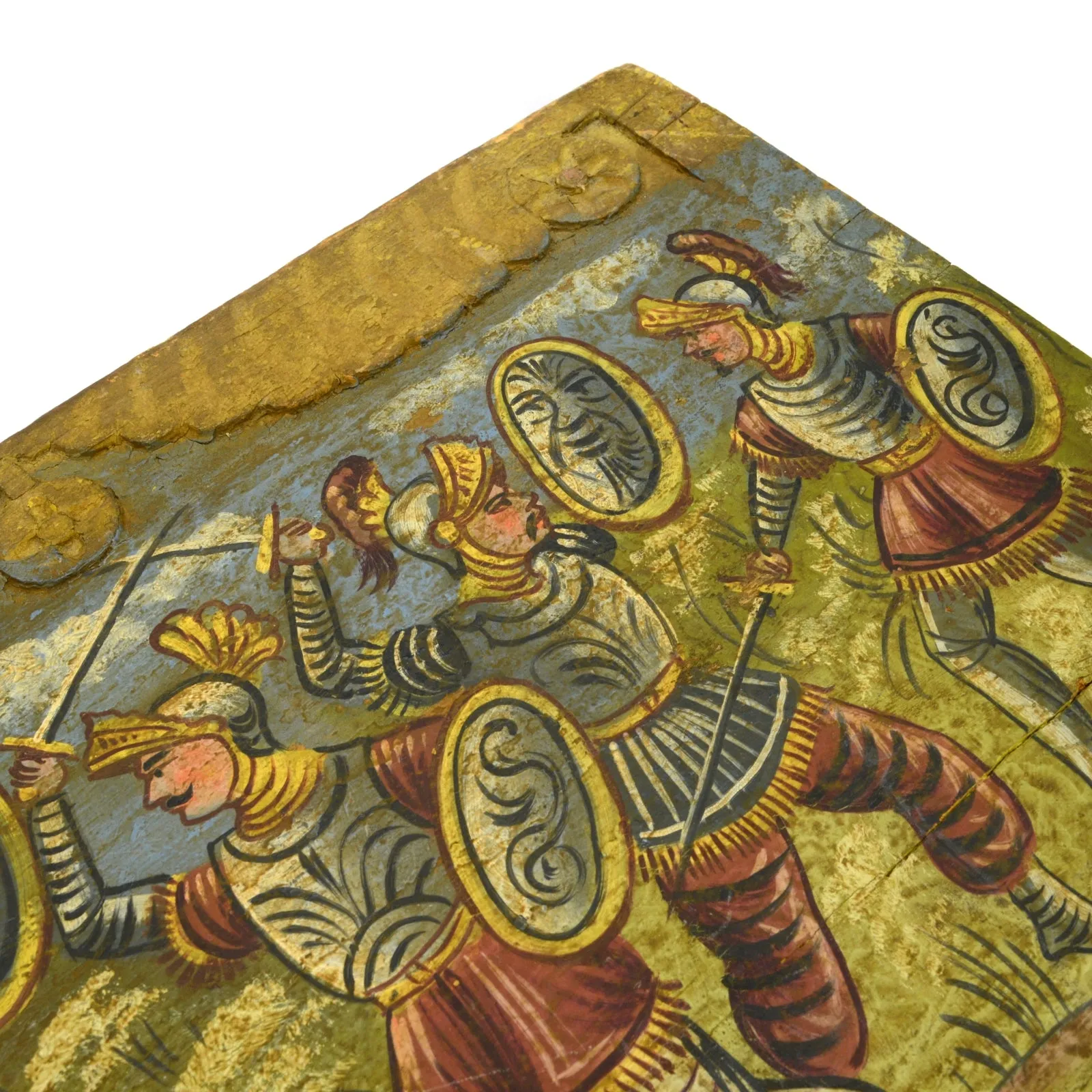 Antique c.19th FOLK ART PAINTING on CARVED SALVAGED WOOD c.17th Spanish Knights?