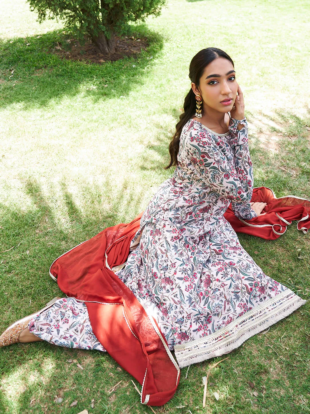 Beige Georgette Printed Floral Kurta Palazzo Set