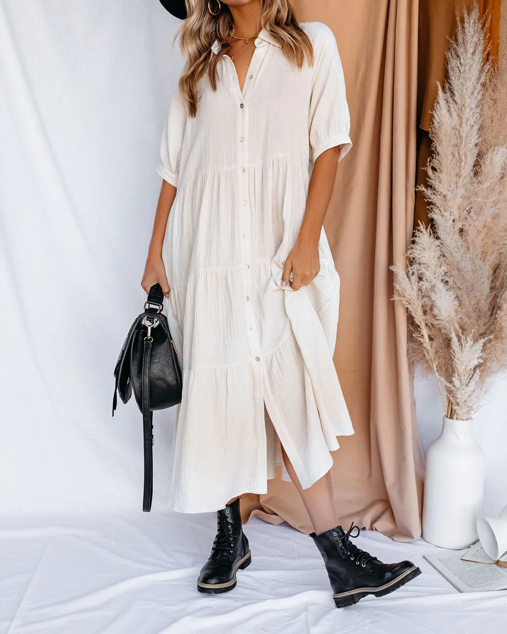Binx Cotton Pocketed Button Down Midi Dress - Ivory