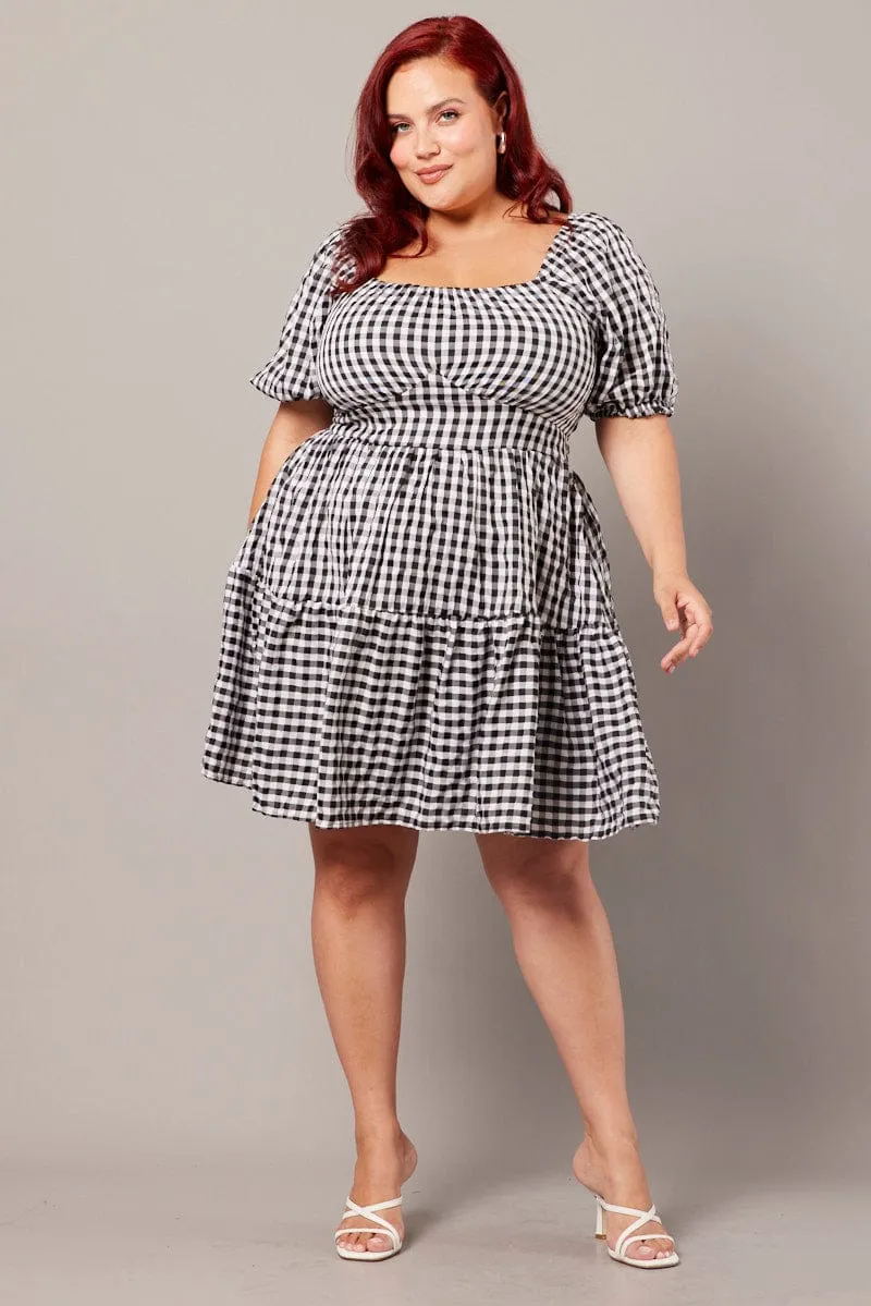 Black Check Gingham Sweetheart Mini Dress