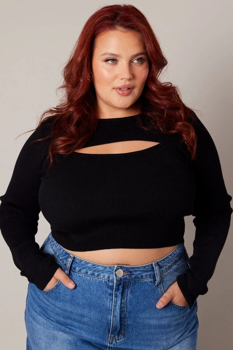Black Cut Out Knit Top Long Sleeve