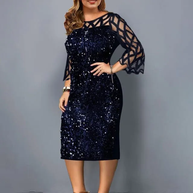 DressBetty - Fashion Women Sexy Large Size Round Neck Solid Color Mesh Stitching Long-sleeved See-through Sequin Dress