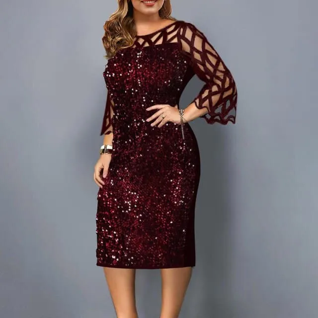 DressBetty - Fashion Women Sexy Large Size Round Neck Solid Color Mesh Stitching Long-sleeved See-through Sequin Dress
