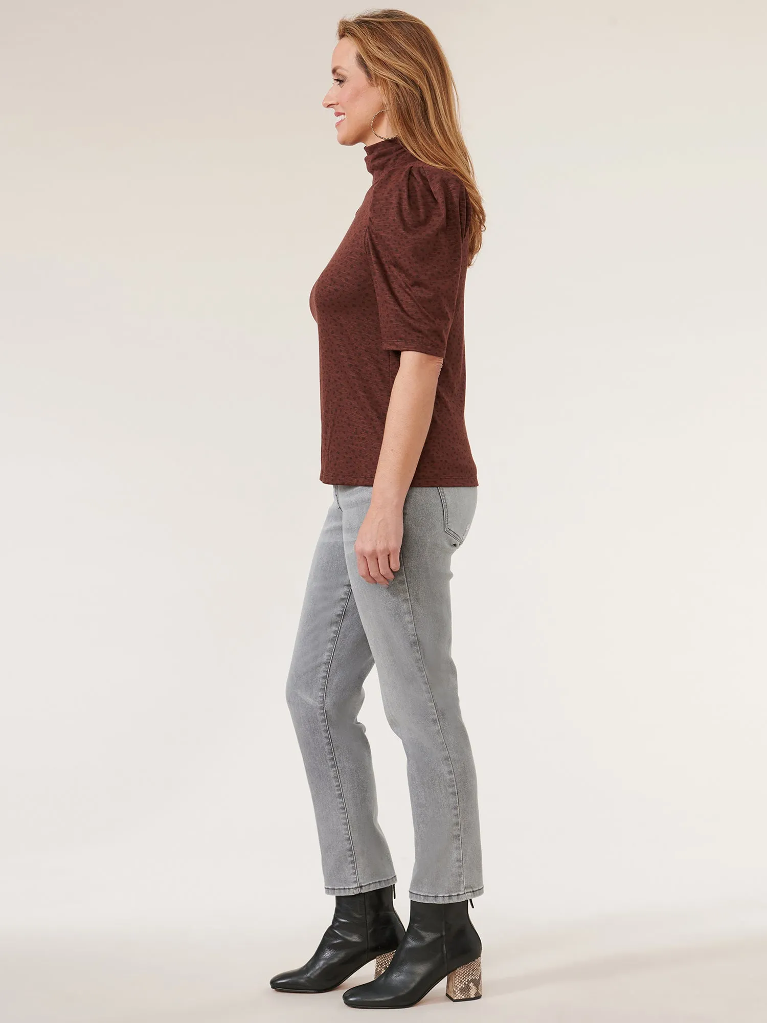 Elbow Puff Sleeve Printed Turtleneck Knit Top