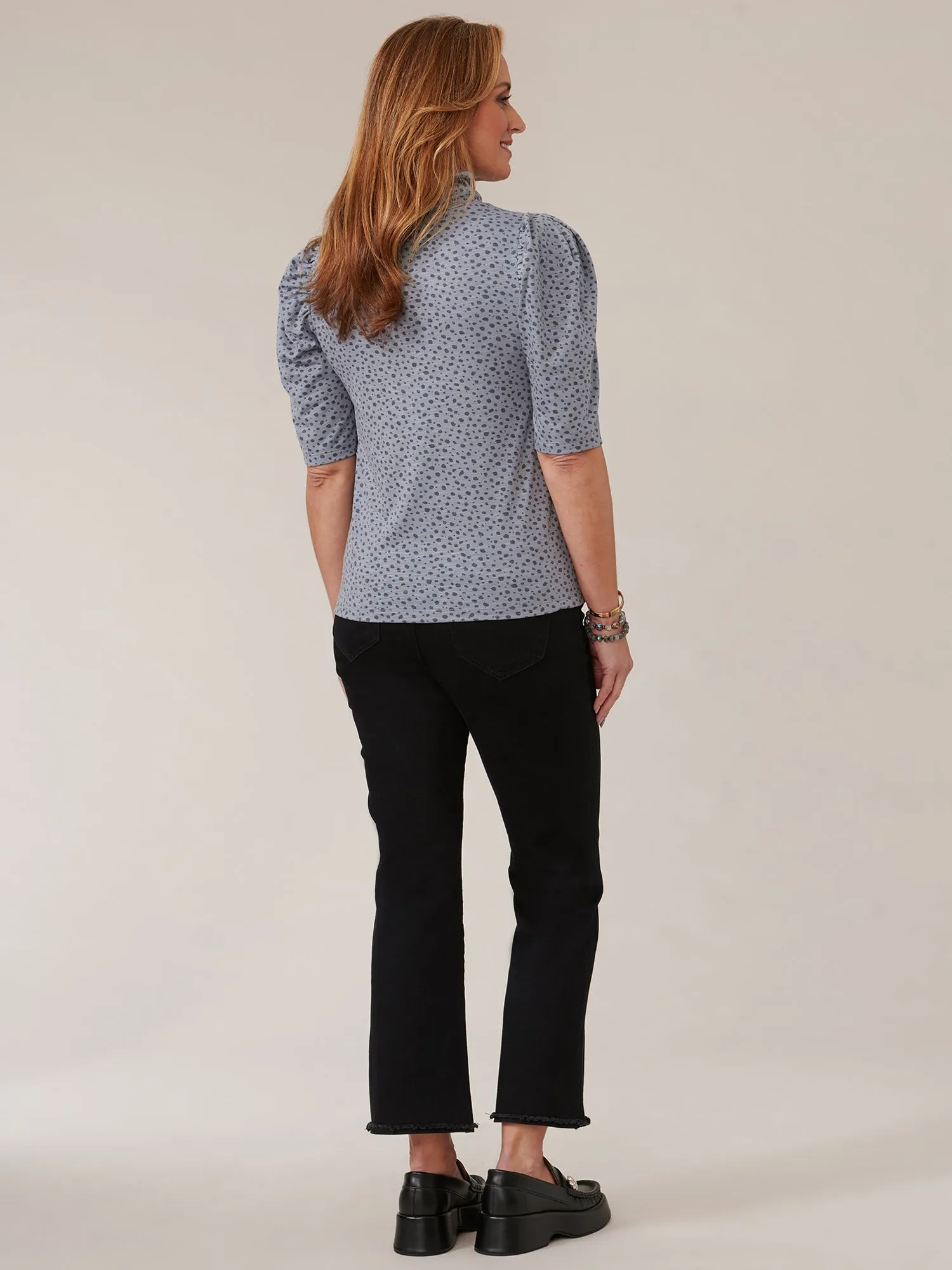 Elbow Puff Sleeve Printed Turtleneck Knit Top