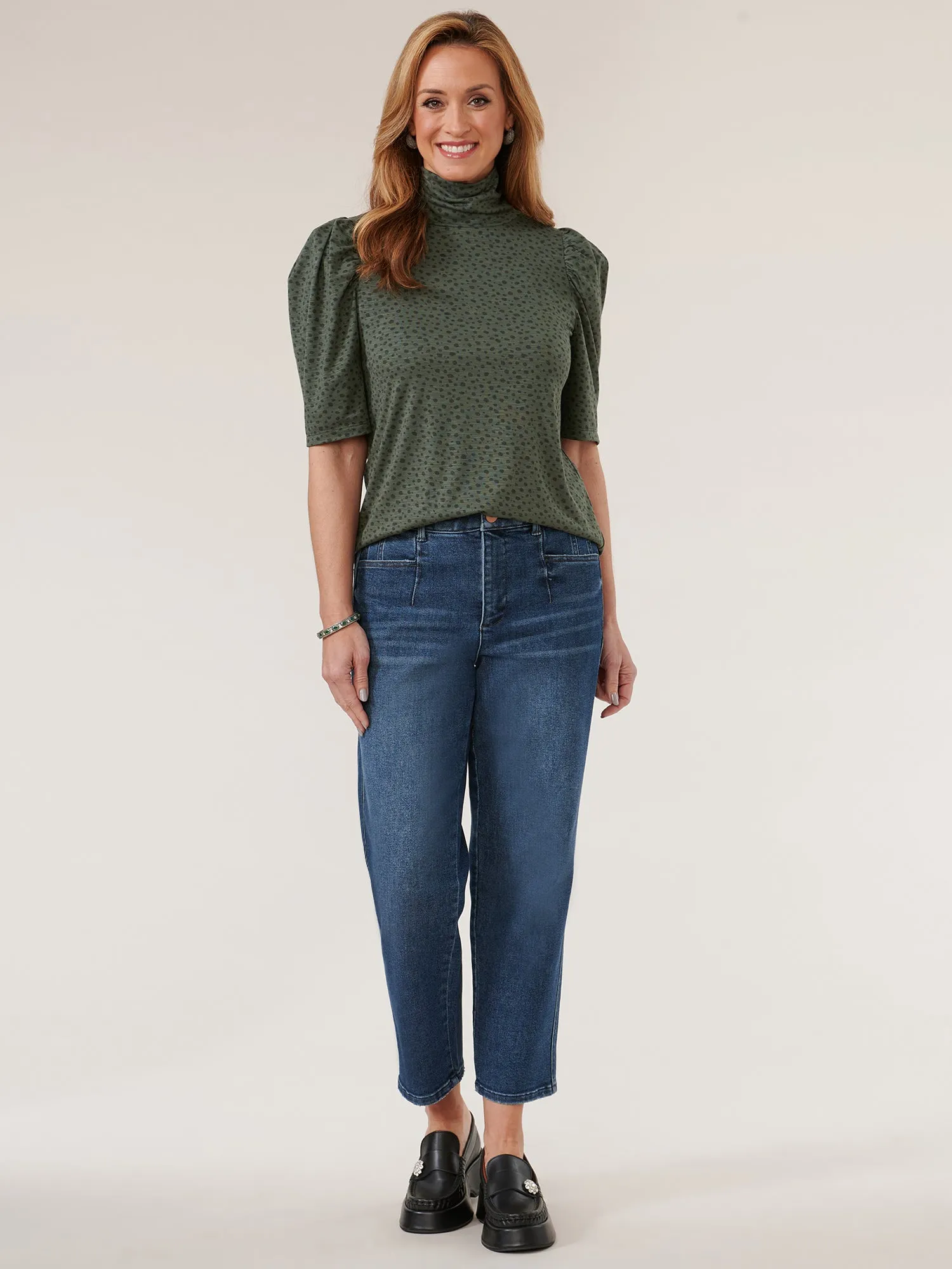 Elbow Puff Sleeve Printed Turtleneck Knit Top