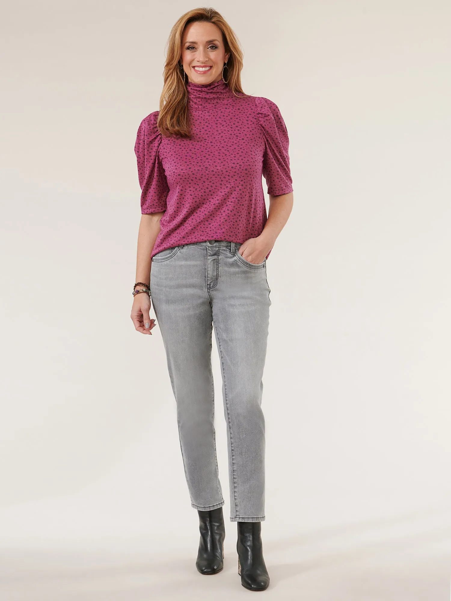 Elbow Puff Sleeve Printed Turtleneck Knit Top