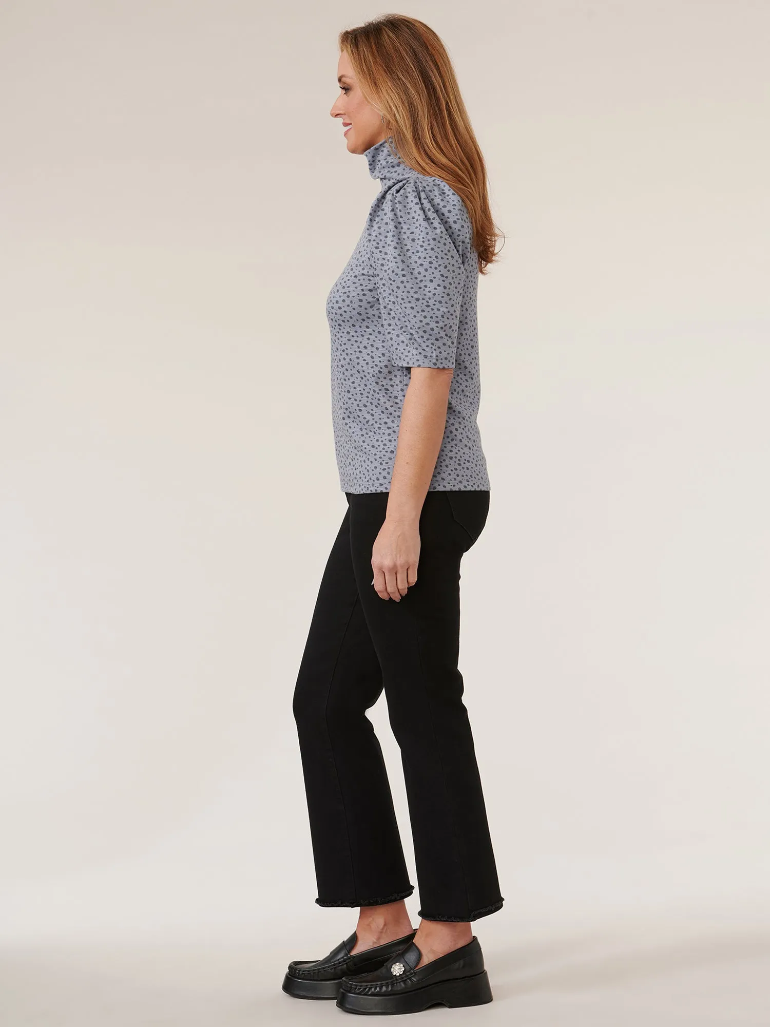 Elbow Puff Sleeve Printed Turtleneck Knit Top