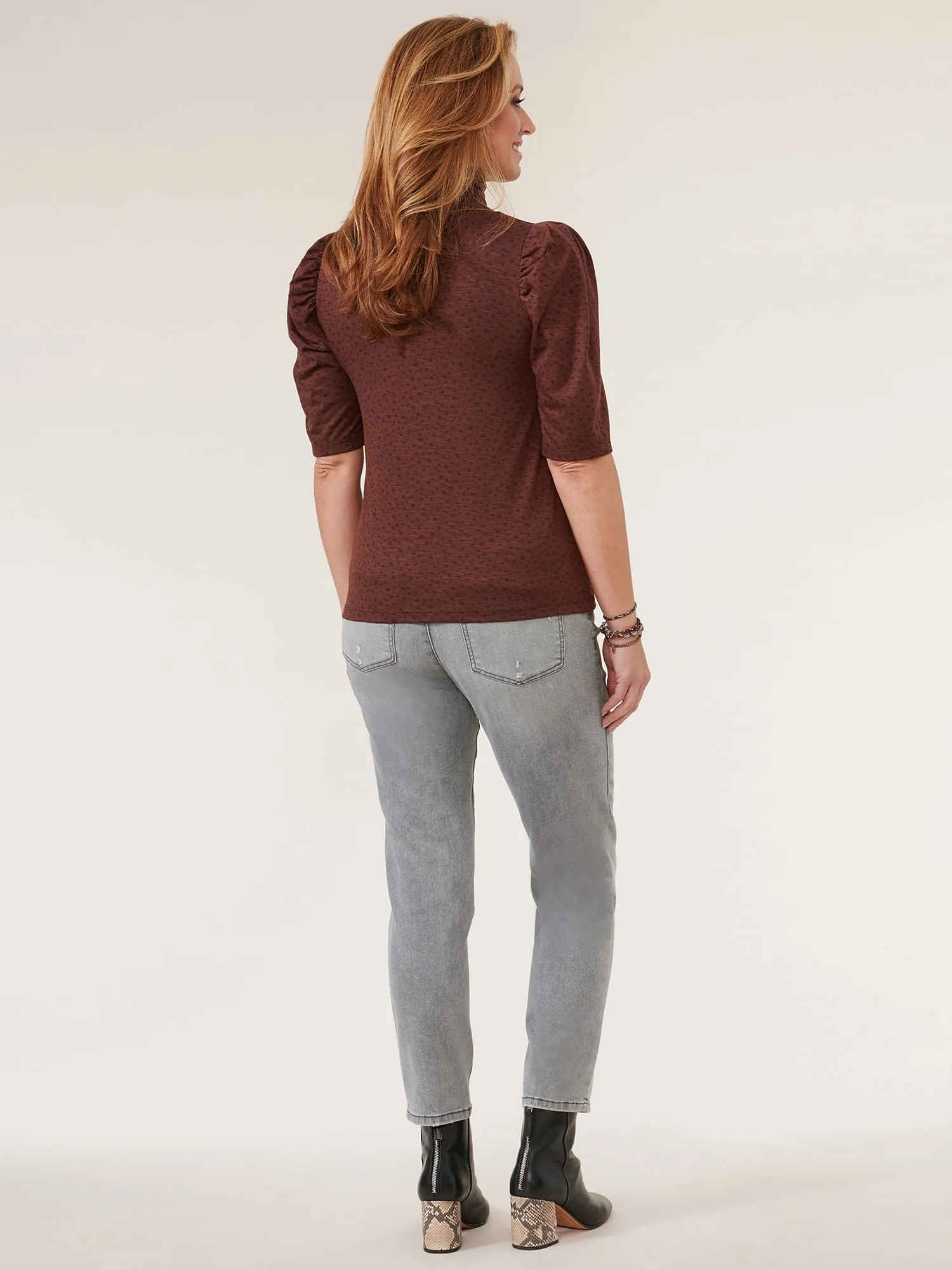Elbow Puff Sleeve Printed Turtleneck Knit Top