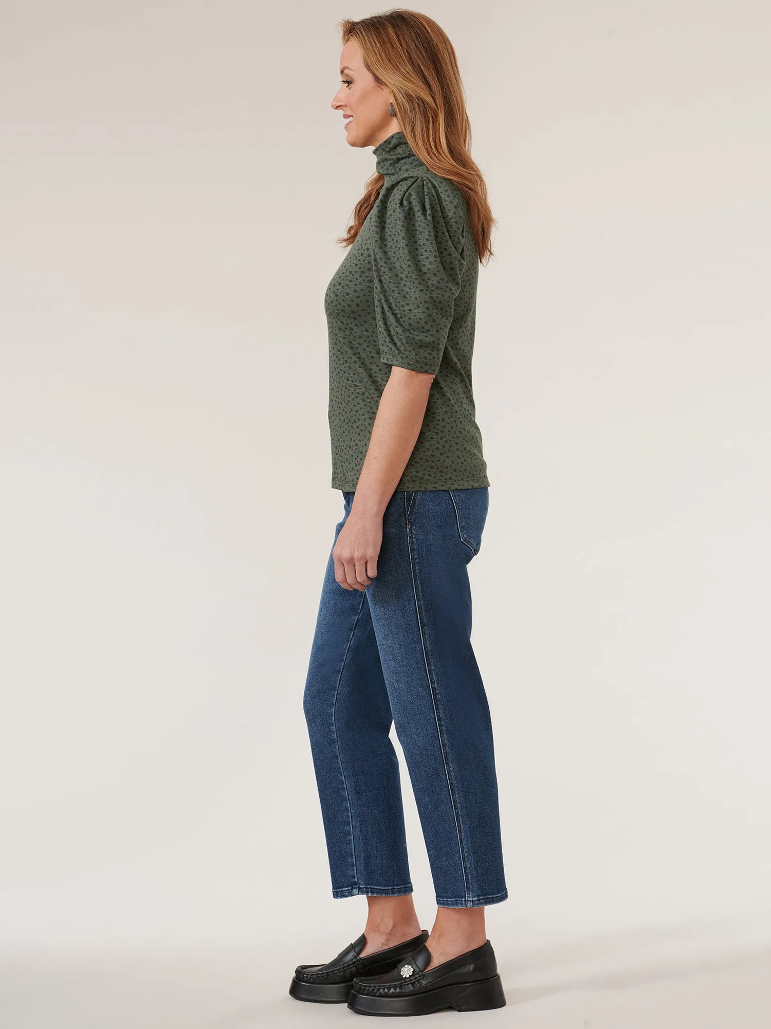 Elbow Puff Sleeve Printed Turtleneck Knit Top