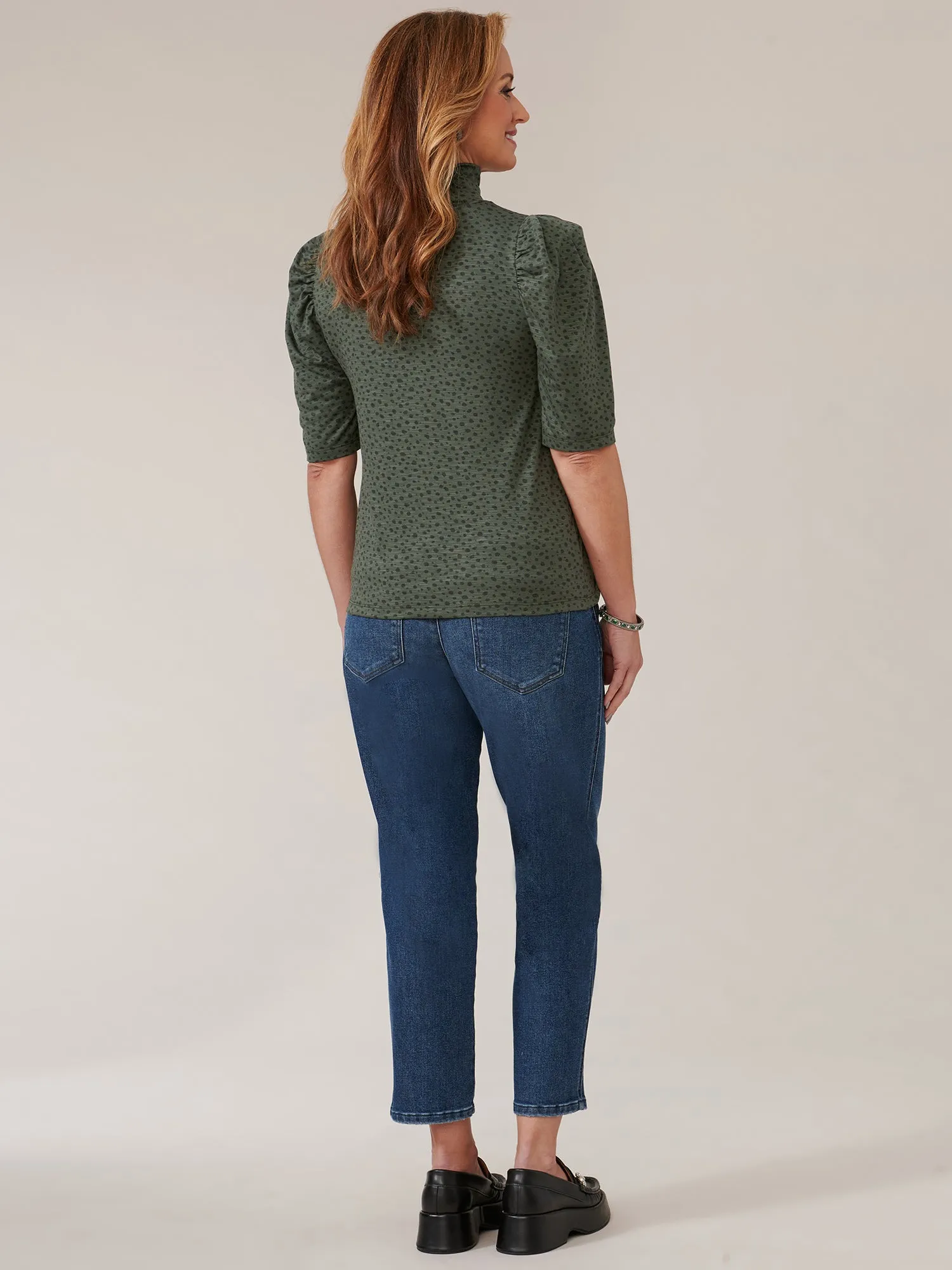 Elbow Puff Sleeve Printed Turtleneck Knit Top