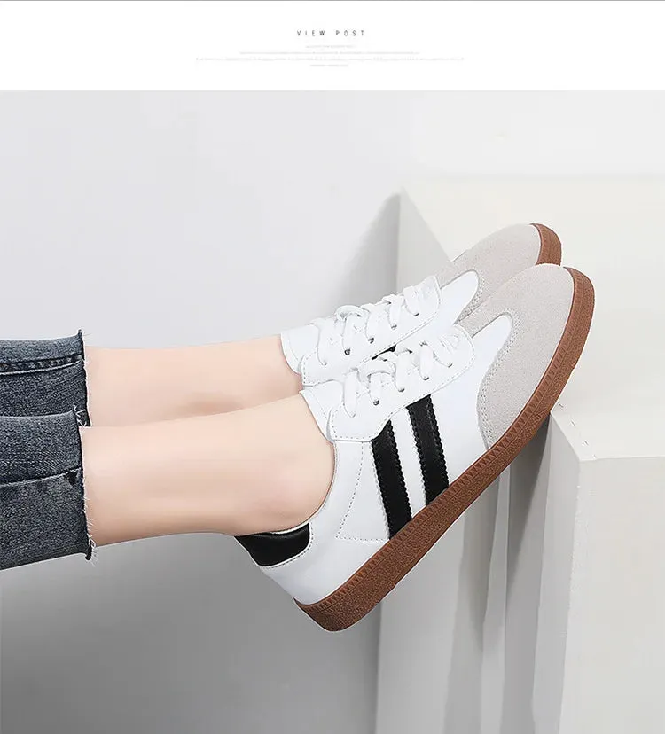 Flat Luxury Shoes Women Autumn Classic Ladies Sneakers Leather Retro Low Cut Lace -up Casual Round Toe Grey White