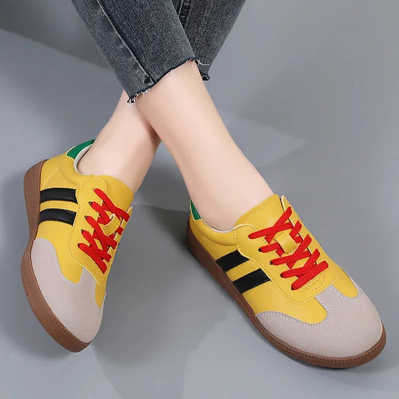 Flat Luxury Shoes Women Autumn Classic Ladies Sneakers Leather Retro Low Cut Lace -up Casual Round Toe Grey White