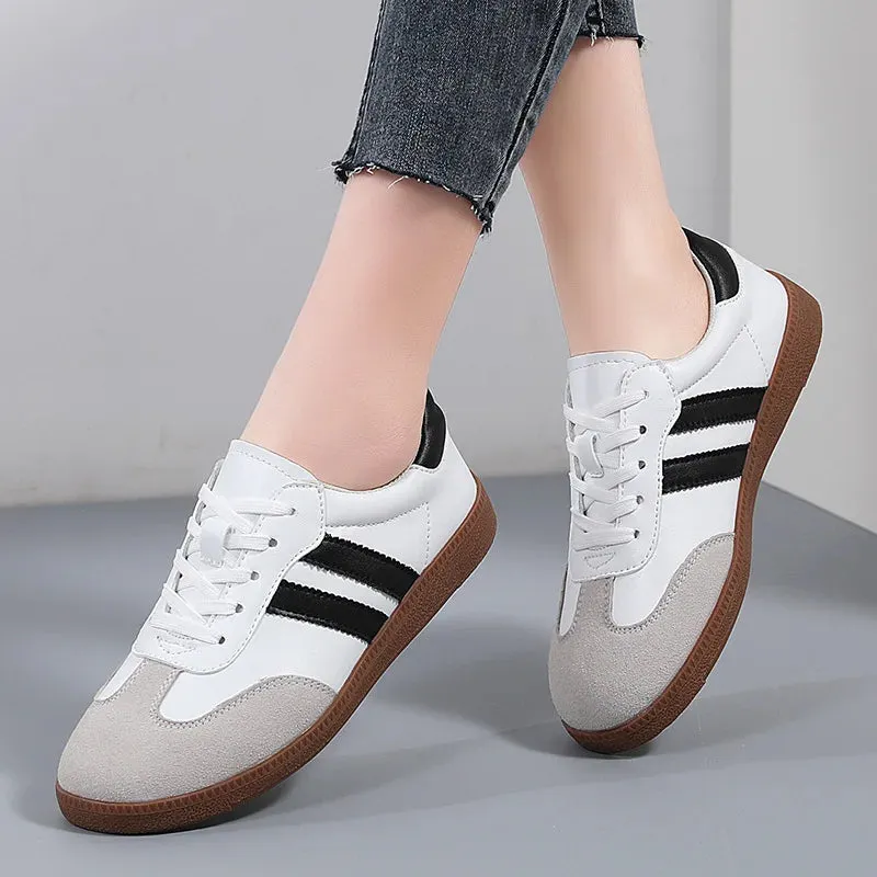 Flat Luxury Shoes Women Autumn Classic Ladies Sneakers Leather Retro Low Cut Lace -up Casual Round Toe Grey White