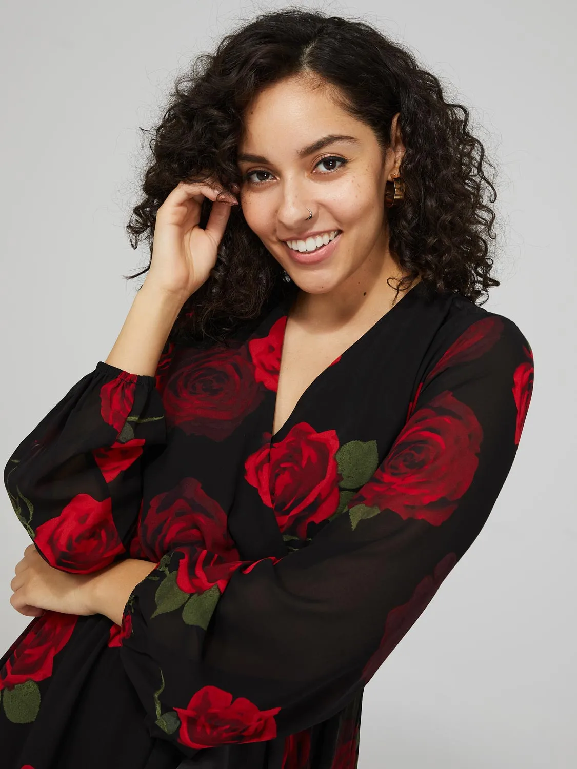 Floral Print Chiffon Cross-Front Midi Dress