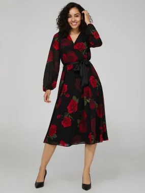 Floral Print Chiffon Cross-Front Midi Dress