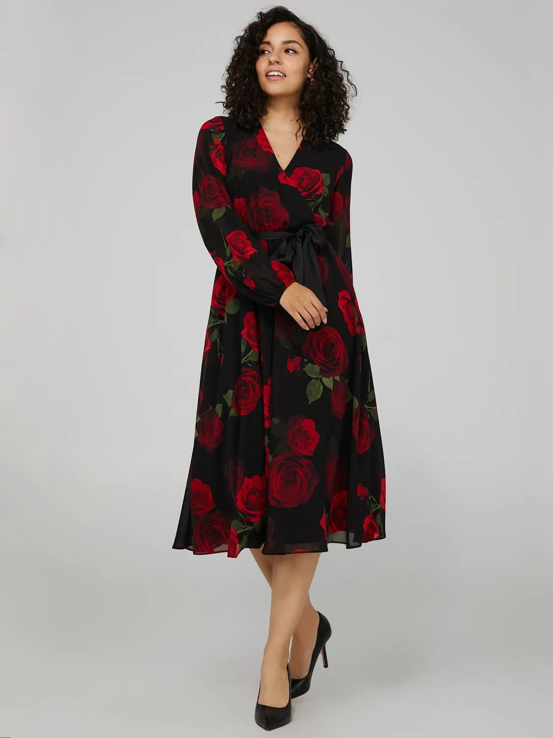 Floral Print Chiffon Cross-Front Midi Dress