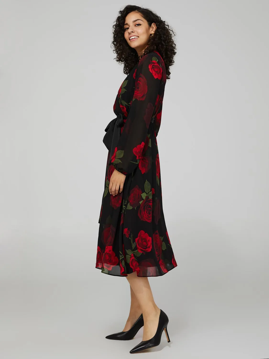 Floral Print Chiffon Cross-Front Midi Dress