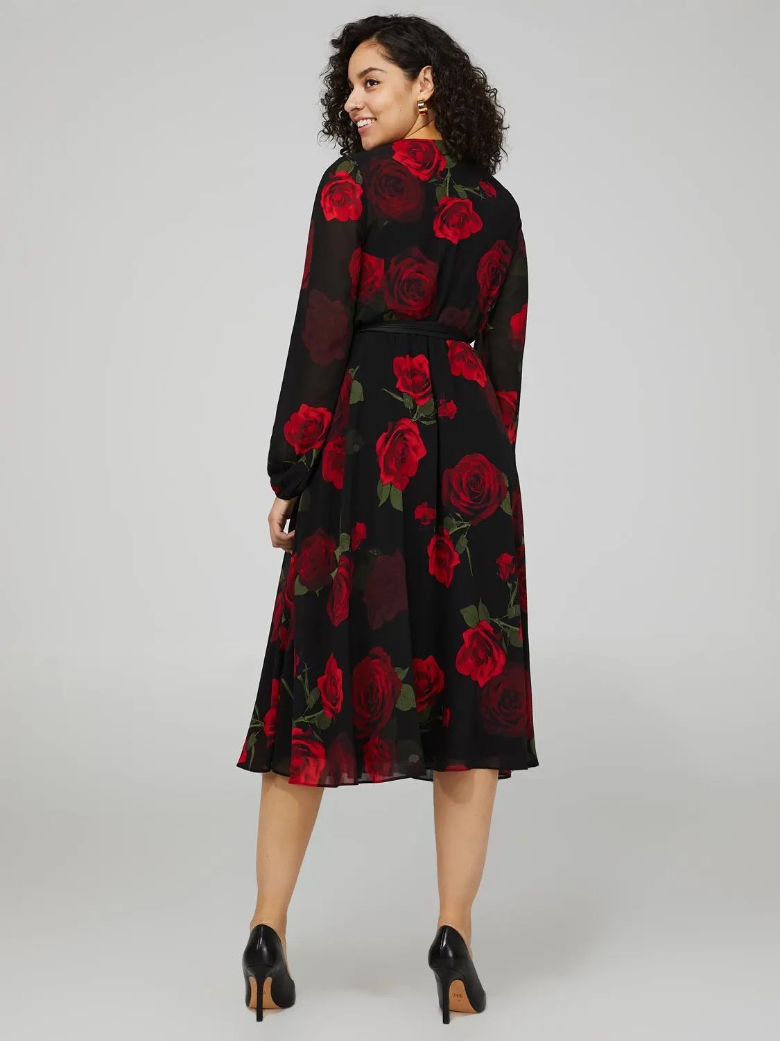 Floral Print Chiffon Cross-Front Midi Dress