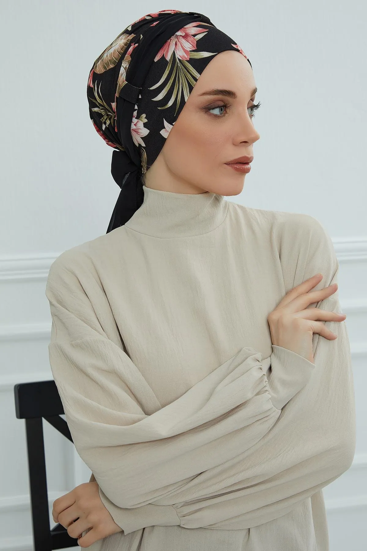 Instant Turban Cotton Scarf Head Wrap with Chiffon Headband, Lightweight Multicolor Headwear Bonnet Cap with Various Pattern Options,B-24YD