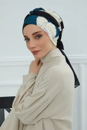 Instant Turban Cotton Scarf Head Wrap with Chiffon Headband, Lightweight Multicolor Headwear Bonnet Cap with Various Pattern Options,B-24YD