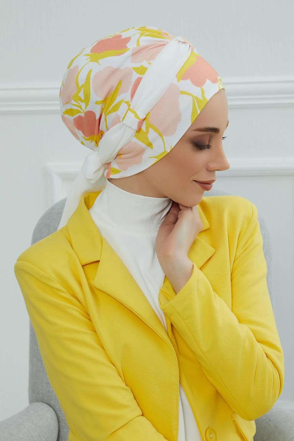 Instant Turban Cotton Scarf Head Wrap with Chiffon Headband, Lightweight Multicolor Headwear Bonnet Cap with Various Pattern Options,B-24YD
