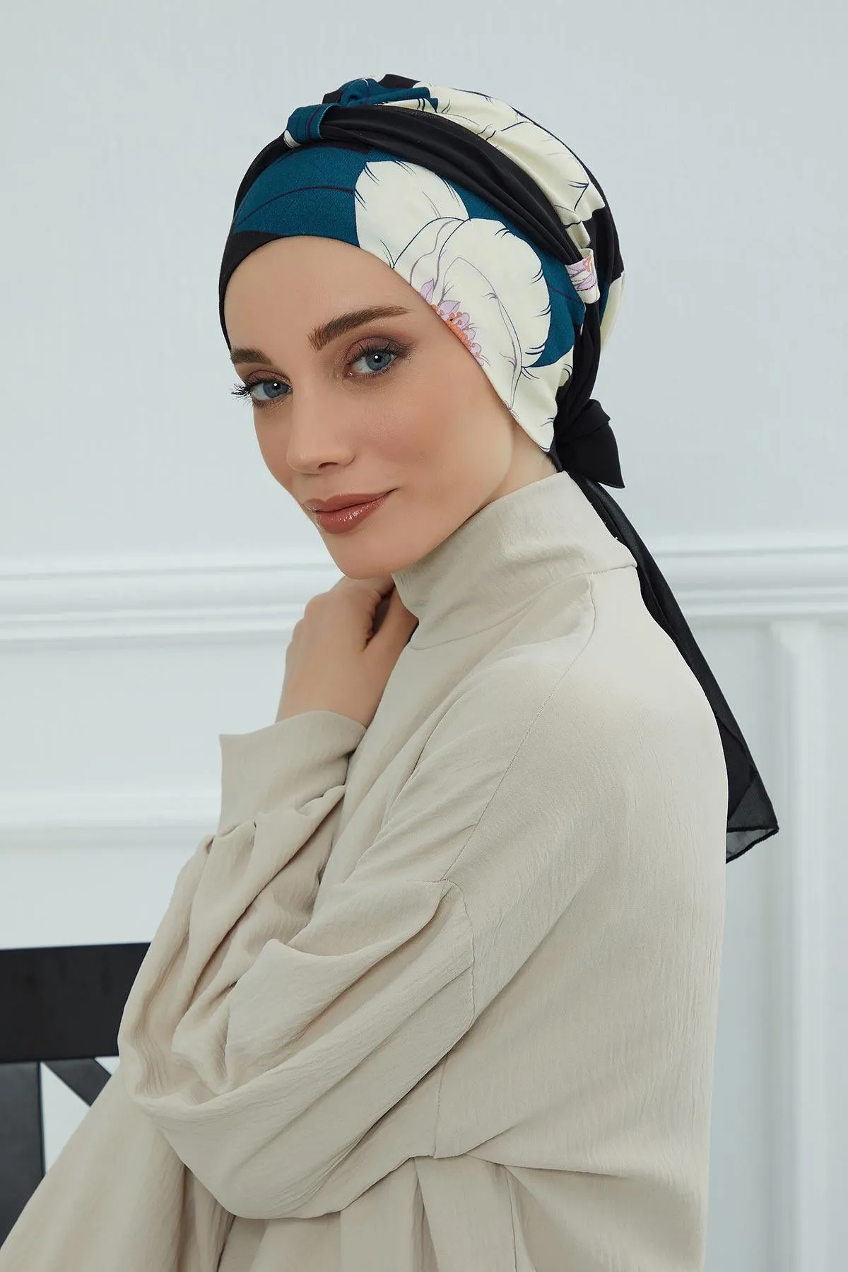Instant Turban Cotton Scarf Head Wrap with Chiffon Headband, Lightweight Multicolor Headwear Bonnet Cap with Various Pattern Options,B-24YD