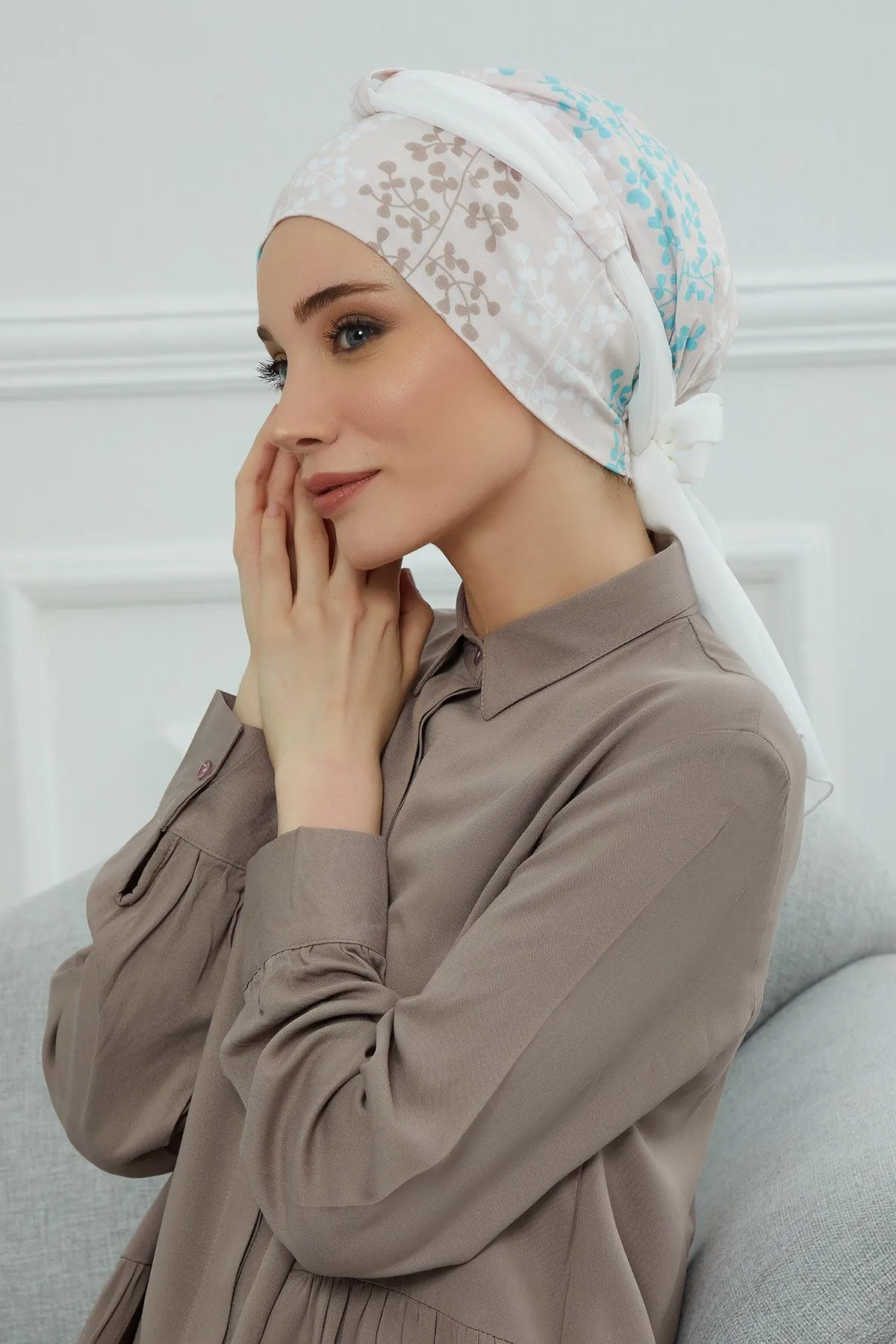 Instant Turban Cotton Scarf Head Wrap with Chiffon Headband, Lightweight Multicolor Headwear Bonnet Cap with Various Pattern Options,B-24YD