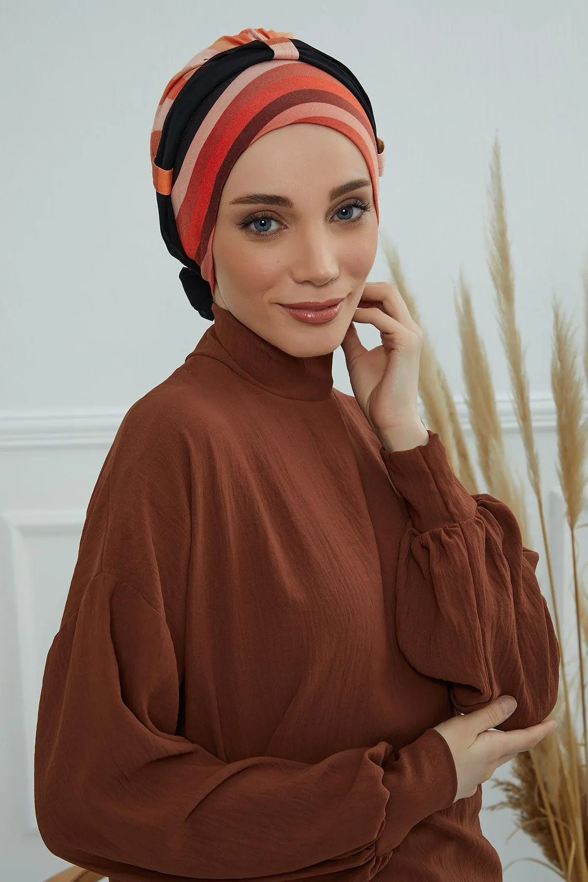 Instant Turban Cotton Scarf Head Wrap with Chiffon Headband, Lightweight Multicolor Headwear Bonnet Cap with Various Pattern Options,B-24YD