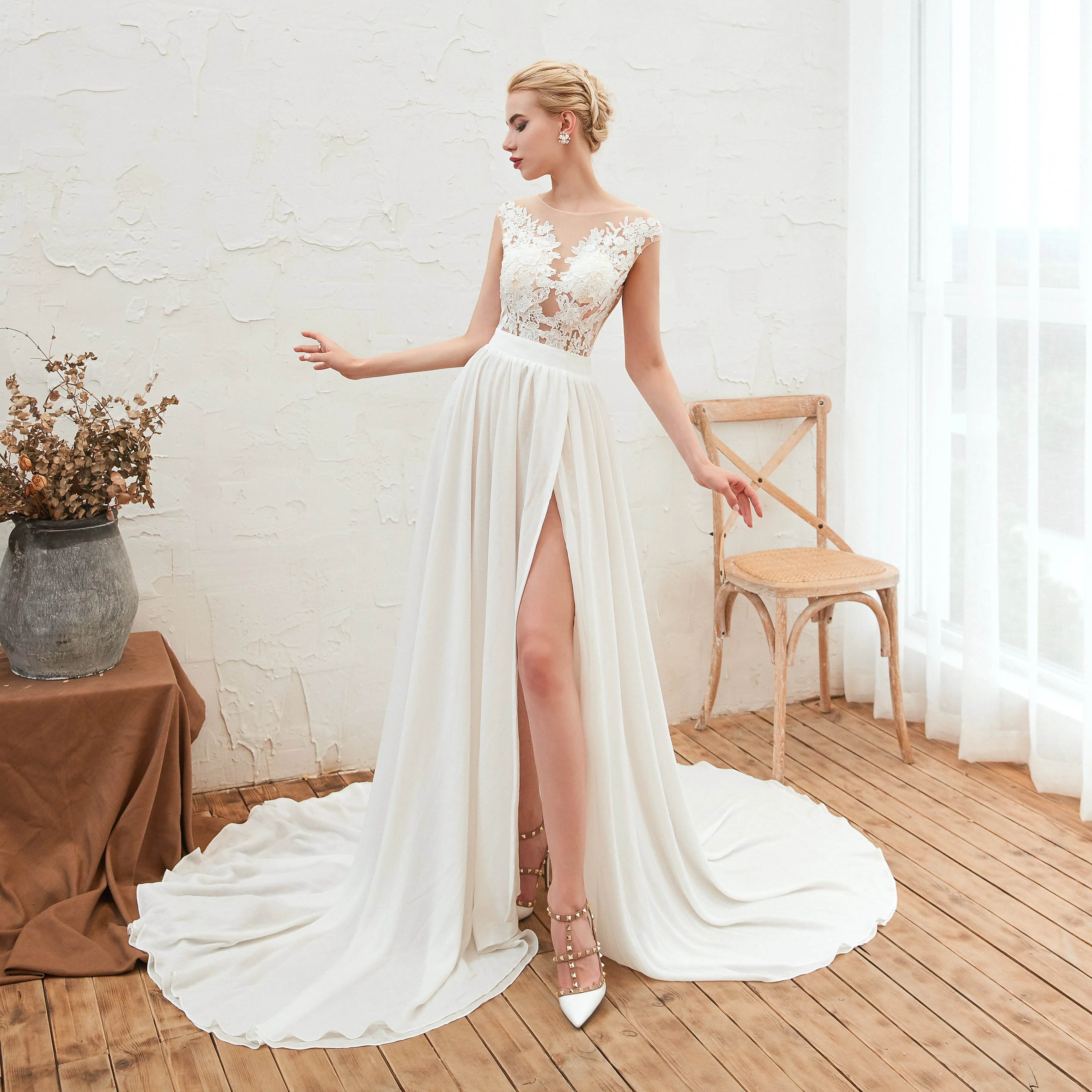Lace Bateau Long Chiffon Side Split Wedding Dresses AS23347