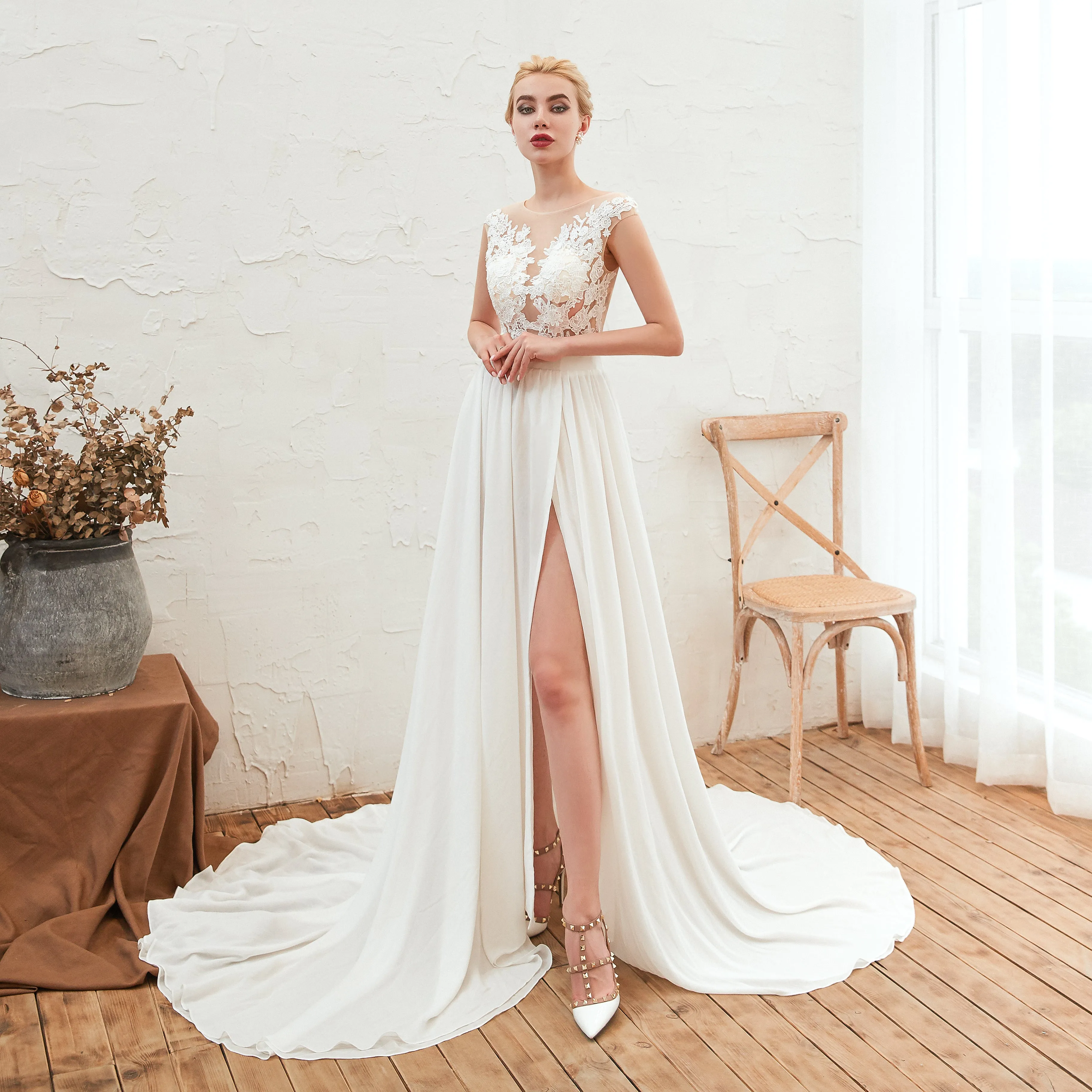 Lace Bateau Long Chiffon Side Split Wedding Dresses AS23347