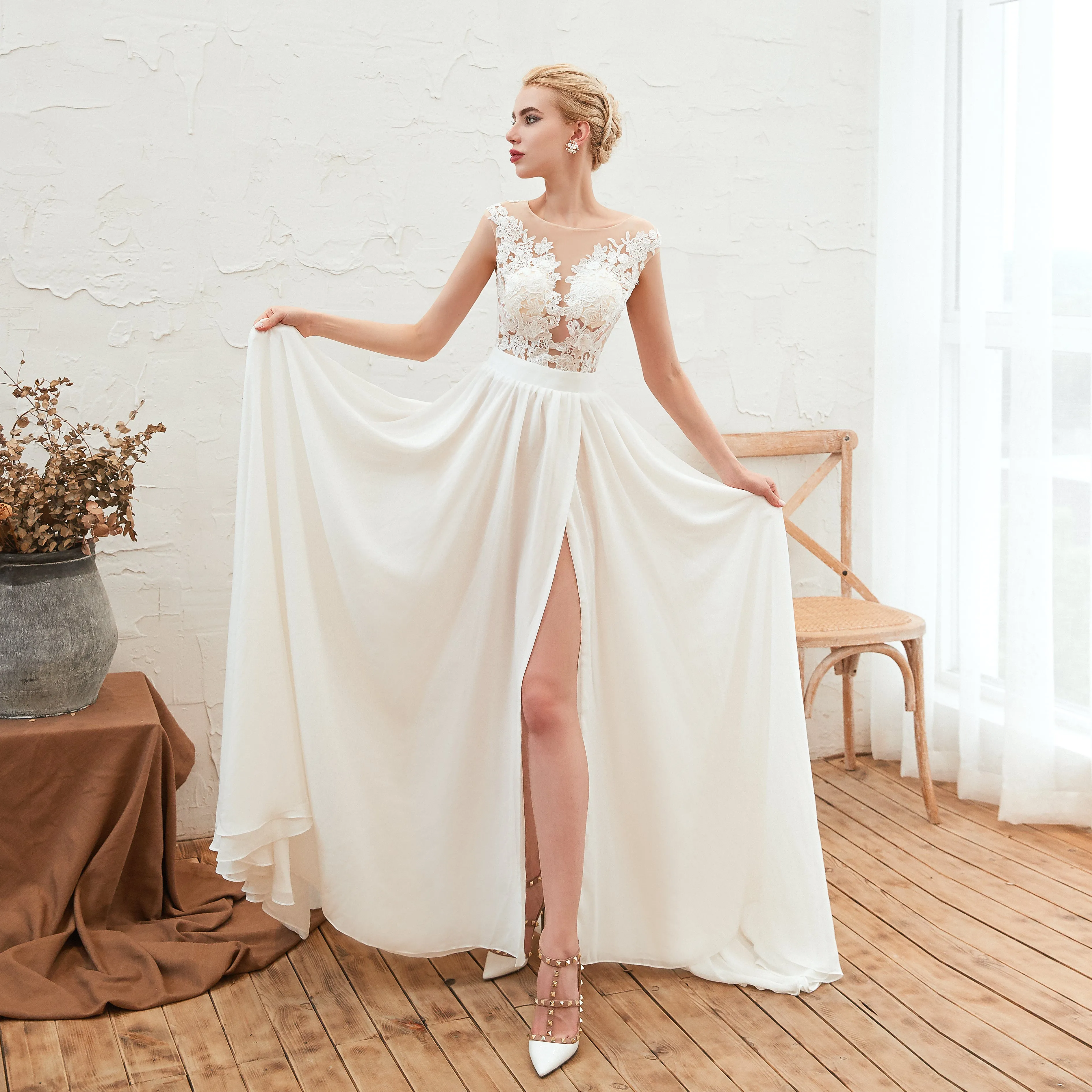 Lace Bateau Long Chiffon Side Split Wedding Dresses AS23347